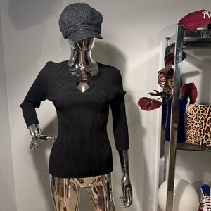 Y2K minimalist ribbed sweater black buckle detail 90s sade style sz L so chic